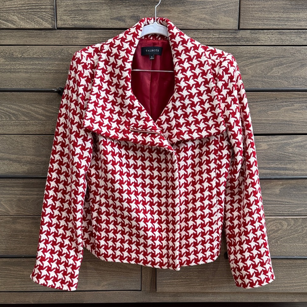 Talbots Red and White Houndstooth Blazer